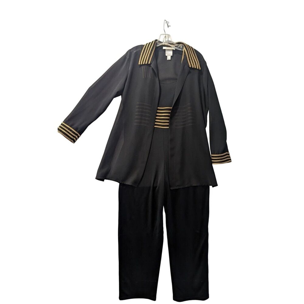 J. Ribkoff Vintage Black Jump Suit With Gold Trim And Strap's Sheer Jacket SZ 10